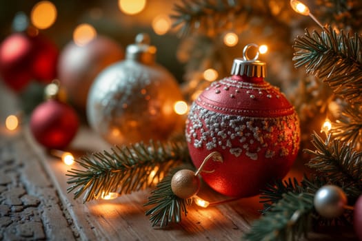 Colorful Christmas ornaments are arranged on a rustic wooden surface, surrounded by lush evergreen branches and sparkling lights, creating a warm festive atmosphere - Generative AI