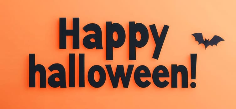 Happy Halloween description with festive black lettering and a bat on a vibrant orange background, perfect for holiday banners and cards