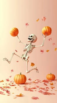 3d rendering of a human skeleton jumping for joy while holding pumpkins in the air as autumn leaves fall to the ground