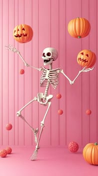 Skeleton is playfully juggling pumpkins in the air, capturing the festive spirit of halloween with an orange background and scattered white petals
