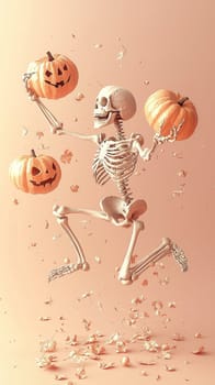 3d rendering of a human skeleton jumping for joy while holding pumpkins in the air as autumn leaves fall to the ground