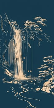This illustration features a waterfall cascading down a rocky cliff face, surrounded by stylized trees and hanging lanterns, creating a serene and atmospheric scene