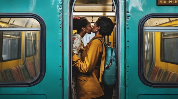 Two young women sharing a kiss on a train during their daily commute home after a long day