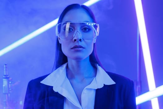Concept of futuristic virtual reality technology or entertainment system. A woman lit up on the HUD interface