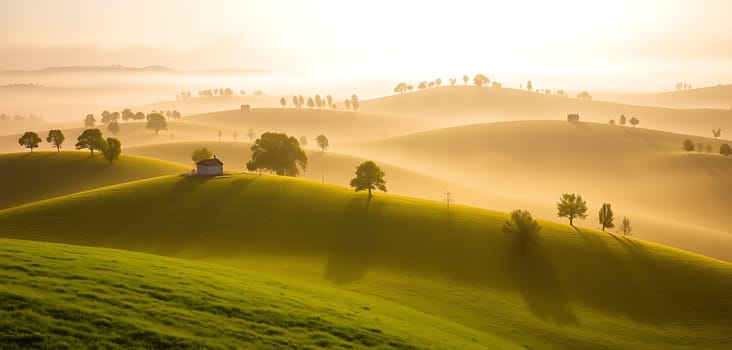 The sun rises over tranquil hills, casting a warm golden glow that highlights the lush green landscape. A solitary building and trees dot the picturesque terrain.