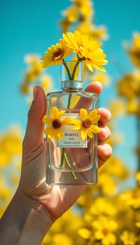 A hand presents a clear perfume bottle showcasing wildflowers, complementing the cheerful yellow background of blooming flowers under a bright, sunny sky.