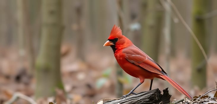 A bright red cardinal stands gracefully on a log, surrounded by soft earth tones of a tranquil forest, capturing the essence of nature's beauty.