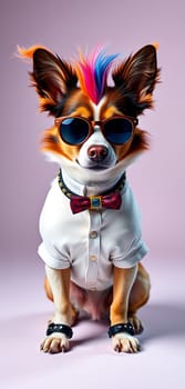 This fashionable dog exudes personality, donning sunglasses and a bow tie, ready for a fun photo shoot with a vibrant backdrop.