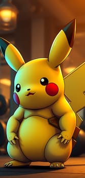 In a cozy room illuminated by warm lighting, Pikachu stands proudly, capturing attention with its bright yellow fur and playful expression, embodying a friendly and cheerful aura.