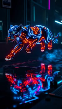 A cybernetic panther, illuminated in vivid blue and orange neon lights, is seen leaping gracefully through a futuristic city at night, casting a striking reflection on the rain-soaked street.