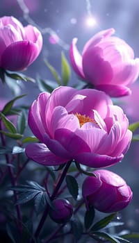 Delicate pink peonies open to reveal their lush petals, surrounded by verdant leaves, creating a serene atmosphere in a tranquil garden during the morning.