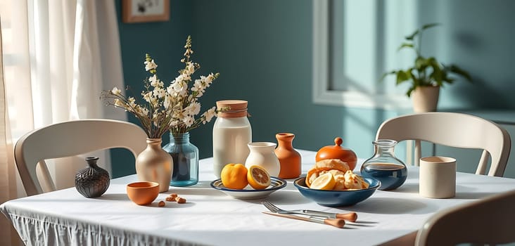 A beautifully arranged dining table showcases fresh lemons and oranges in a bowl, surrounded by various pottery pieces and a vase of flowers, all illuminated by natural light.