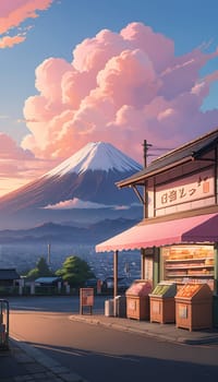 A quaint store stands under a vibrant sunset, with fluffy clouds casting shades of pink and orange. Mount Fuji provides a majestic backdrop, blending culture and nature beautifully.