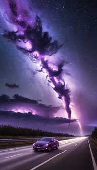 A dramatic lightning storm showcases swirling purple clouds and electric flashes against the night sky near a highway, creating a breathtaking natural display.
