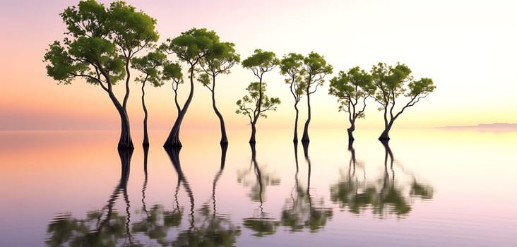 The tranquil landscape showcases silhouetted trees standing in shallow water as the sun sets, painting the sky in soft pastel hues. Reflections create a peaceful atmosphere.
