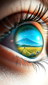 The reflection in the eye captures a stunning landscape featuring majestic mountains, lush fields, and grazing sheep, all set against a vibrant sky.
