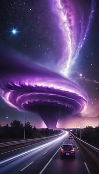 Drivers navigate a highway under a stunning cosmic purple vortex illuminating the night sky, creating a surreal atmosphere that invites awe and wonder.