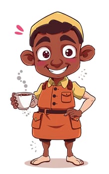 The image depicts a cheerful cartoon character with a warm smile, wearing an orange apron and a yellow hat. The character is holding a white mug filled with a steaming beverage, suggesting they are enjoying a hot drink. The character's hands are casually placed on their hips, and the background is a stark white, which contrasts with the character's vibrant attire and the steaming mug. (transparent, isolated)
