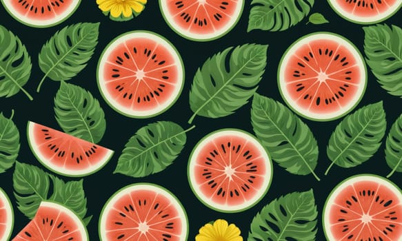 This is a pattern of watermelon slices and tropical leaves, with the watermelon slices alternating between full circles and wedges, all against a black background.