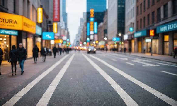 A wide shot of a city street with a few pedestrians walking along the sidewalks on either side of the road. The road is divided by white lines