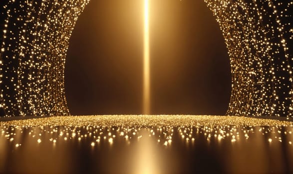 A stage is bathed in golden light, with two curtains made of shimmering gold sparkles that frame the scene.