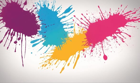 Four paint splatters of purple, blue, yellow, and pink are on a white background. They are arranged in a semi-circle shape with the purple splatter on the left and the pink splatter on the right