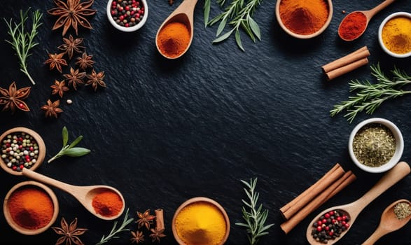 An overhead view of a black slate surface with several spices and herbs arranged in a circle around the edge