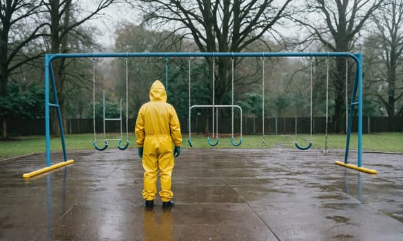 A person wearing a yellow jumpsuit is standing in front of a swing set on a wet, gray day. The swing set has no swings hanging from it