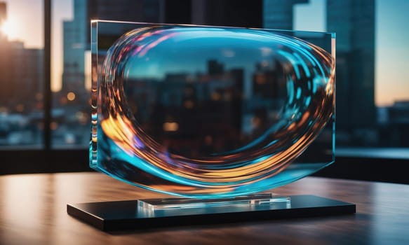 A glass sculpture with a blue and orange swirling design sits on a black base on a wooden table. The background is a blurry city skyline seen through a large window.