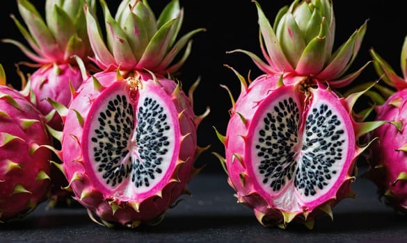A close up of a red dragon fruit with black seeds. The fruit is cut in half, revealing the seeds inside. Concept of curiosity and intrigue, as the viewer is drawn to the unique appearance of the fruit