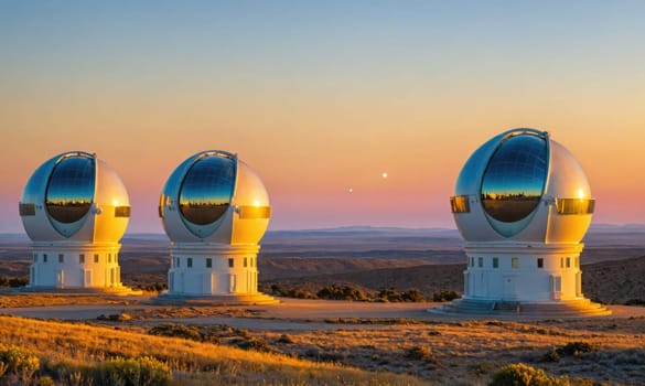 Three large telescopes are on a hillside, with the sun setting in the background. The telescopes are all facing the same direction, and the sky is filled with stars. The scene is peaceful and serene