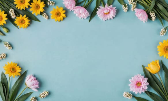 A blue surface is framed with a border of yellow and pink flowers. There are a few small white flowers scattered around the border.