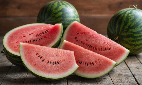 Several slices of watermelon, some with seeds, are arranged on a wooden table. Two whole watermelons are also visible in the background.