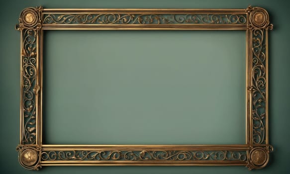 An ornate gold frame with intricate floral designs is set against a teal wall. The frame is empty, creating a sense of anticipation or mystery.