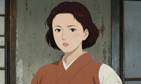 The image shows an animated character, a young woman with dark hair and a red kimono. She has a contemplative expression on her face and appears to be standing in front of a concrete wall.