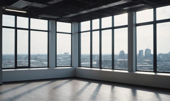 A corner office with large windows overlooking a city. The room is empty and has a wood floor. The windows are black framed and reflect the bright sunlight streaming through