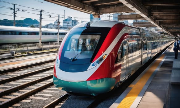 A high-speed train stands on the tracks at a station, with a second train visible in the background. The train is painted white, red, and green, and its sleek design emphasizes speed and efficiency.
