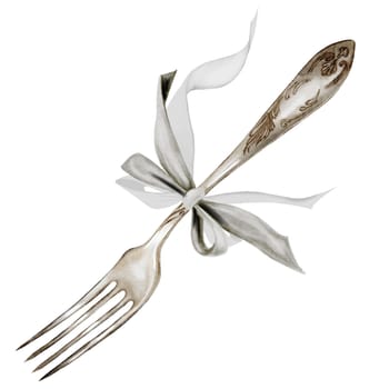 Fork watercolor with a bow. Silver cutlery hand drawn on isolated white background. Clip art of vintage fork made of nickel silver. Ideal for restaurant menu design and cookbooks. High quality illustration