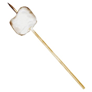 Marshmallow on a wooden stick watercolor. Hand drawn sweet caffeta on a skewer on an isolated white background. Clip art in camp and barbecue style. Ideal for marshmallow packaging. High quality photo