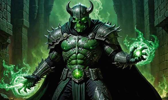 A green-skinned warrior with horns, a skull mask, and glowing green eyes stands in a dark, stone castle, holding a glowing orb of energy in one hand and a sword in the other.