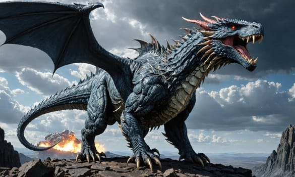 A blue dragon stands on a rocky mountain peak, its wings spread out, and roars with its mouth open, revealing sharp teeth.