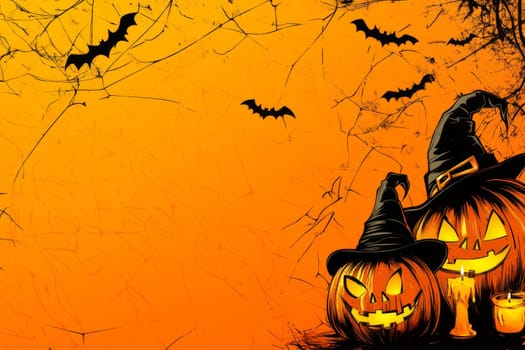 Orange background with pumpkins, candles, spider web, witch hat, bats