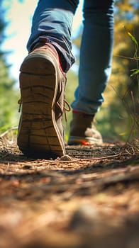 Hiking adventure with sturdy footwear on a rugged trail in the outdoor nature exercise forest path boot