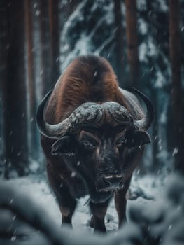 Majestic bison with horns in a snow-covered winter forest, showcasing wildlife in cold natural habitat