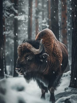 Majestic bison with horns standing in snowy winter forest surrounded by trees and wildlife