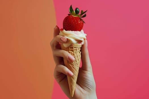 Delicious strawberry icecream cone held in hand with pink and red background, a sweet summer treat