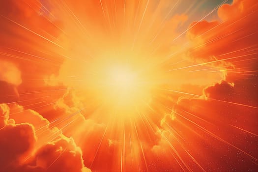 Radiant orange sky with sun and clouds at dawn, beams of bright sunlight creating a heavenly glow