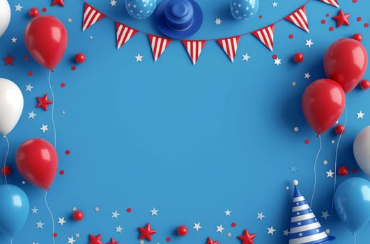 Festive patriotic celebration with red, blue, and white balloons, stars, and decorations for a party
