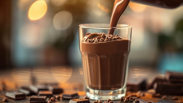 Delicious creamy chocolate milkshake in a glass with rich cocoa garnish, a refreshing dessert drink