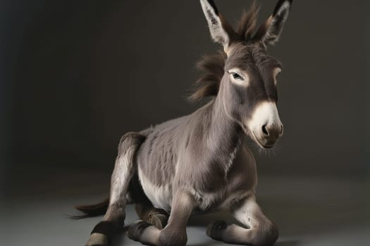 Calm and serene resting donkey with soft fur and large ears posing in a peaceful studio environment